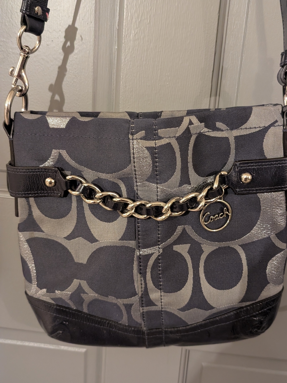 Coach Gray and Silver Signature Chain-Accent Shoulder Bag